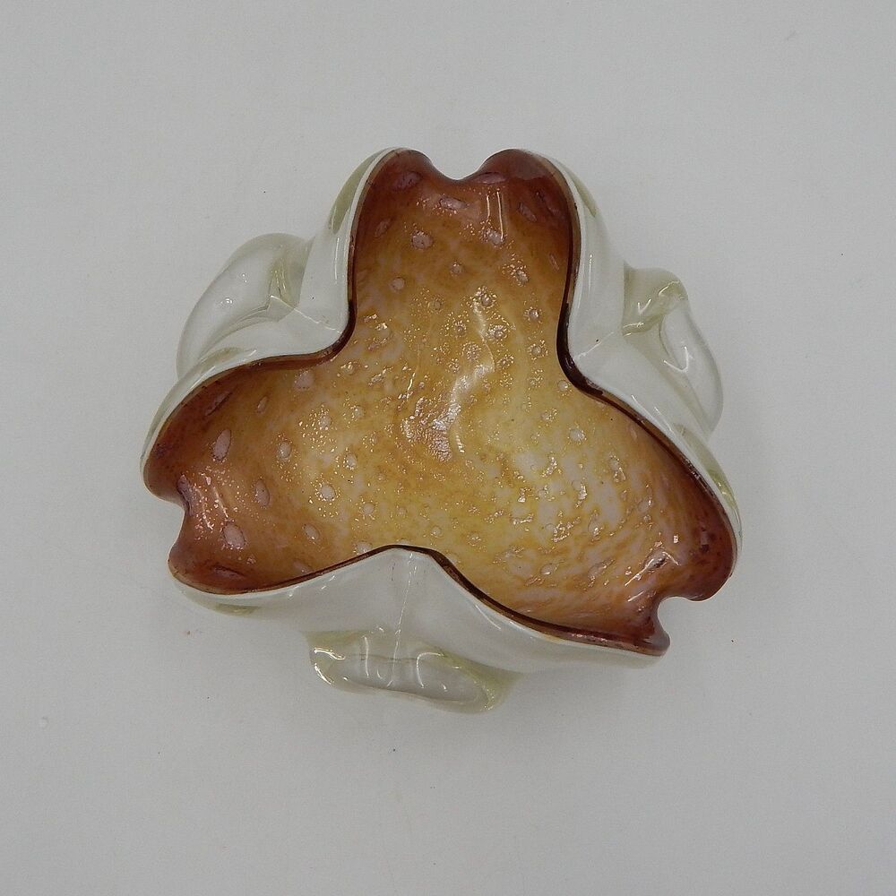Murano Cased Glass Gold Fleck Flower Tri-Petal Ashtray Cigar Trinket Dish Bubble
